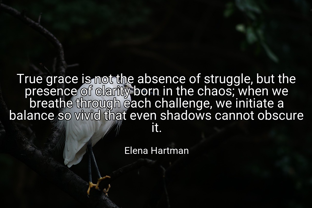 True grace is not the absence of struggle, but the presence of clarity born in the chaos; when we breathe through each challenge, we initiate a balance so vivid that even shadows cannot obscure it. - Elena Hartman