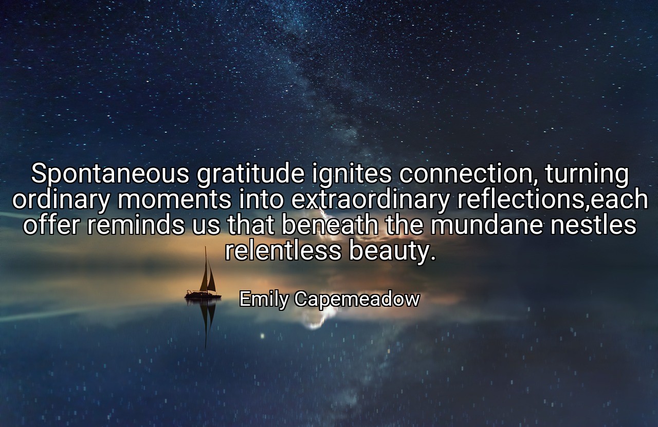 Spontaneous gratitude ignites connection, turning ordinary moments into extraordinary reflections,each offer reminds us that beneath the mundane nestles relentless beauty. - Emily Capemeadow