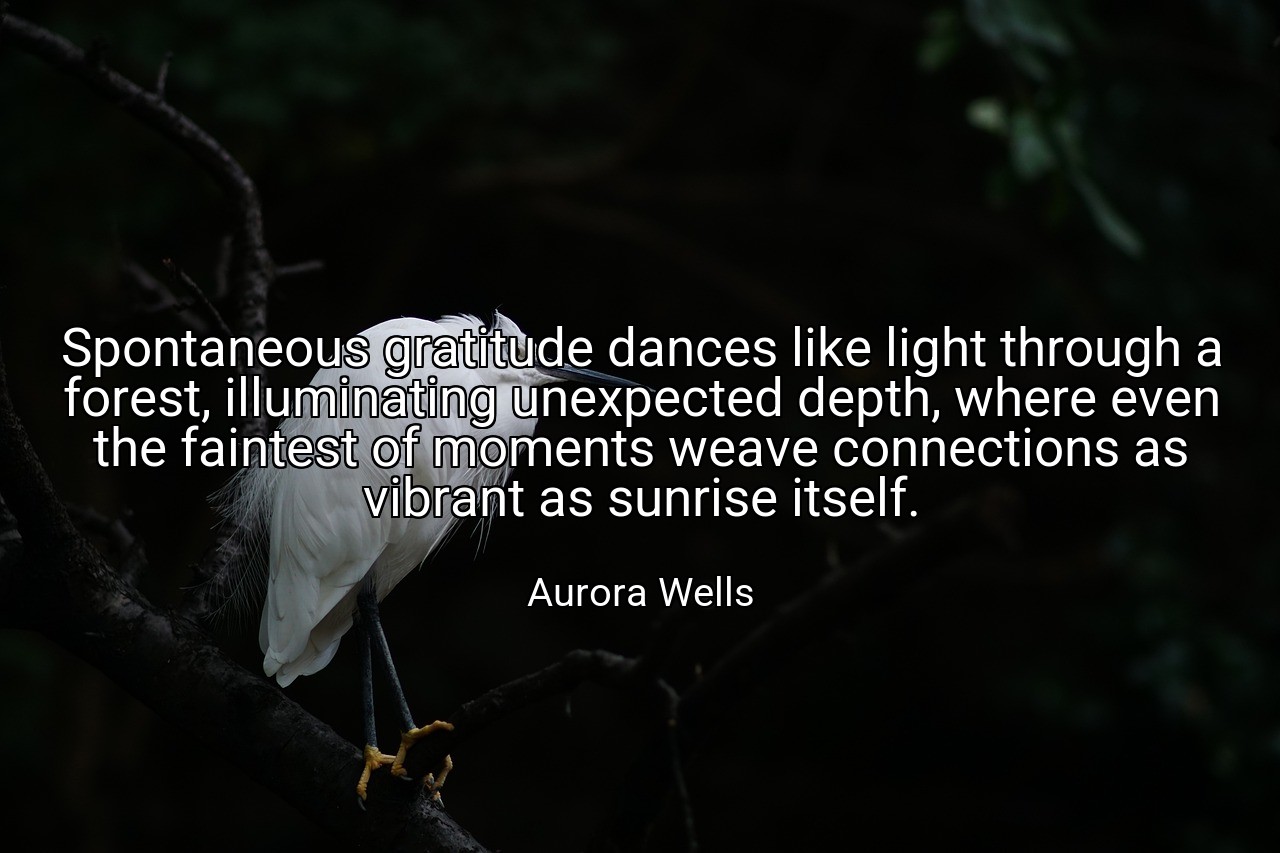 Spontaneous gratitude dances like light through a forest, illuminating unexpected depth, where even the faintest of moments weave connections as vibrant as sunrise itself. - Aurora Wells