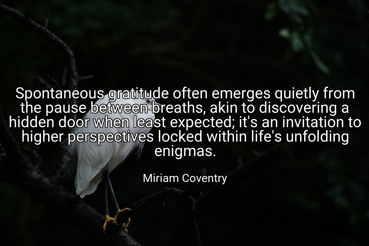 Spontaneous gratitude often emerges quietly from the pause between breaths, akin to discovering a hidden door when least expected; it's an invitation to higher perspectives locked within life's unfolding enigmas. - Miriam Coventry