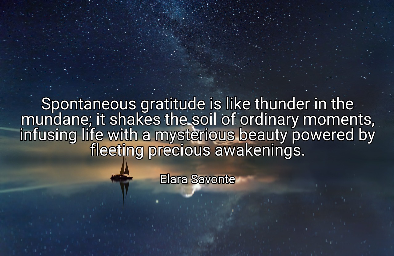 Spontaneous gratitude is like thunder in the mundane; it shakes the soil of ordinary moments, infusing life with a mysterious beauty powered by fleeting precious awakenings. - Elara Savonte