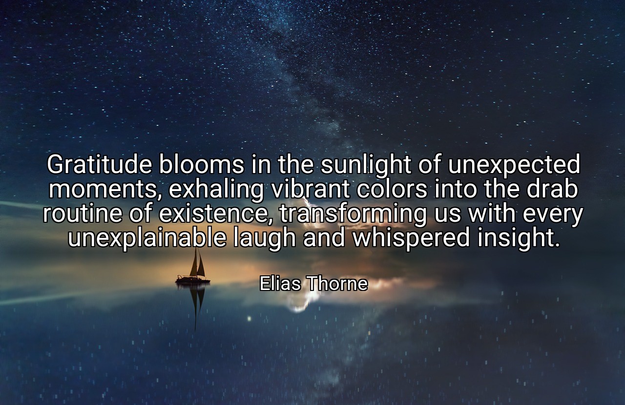 Gratitude blooms in the sunlight of unexpected moments, exhaling vibrant colors into the drab routine of existence, transforming us with every unexplainable laugh and whispered insight. - Elias Thorne