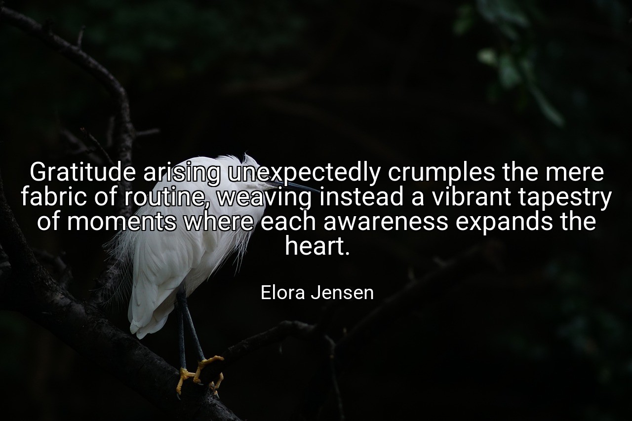 Gratitude arising unexpectedly crumples the mere fabric of routine, weaving instead a vibrant tapestry of moments where each awareness expands the heart. - Elora Jensen