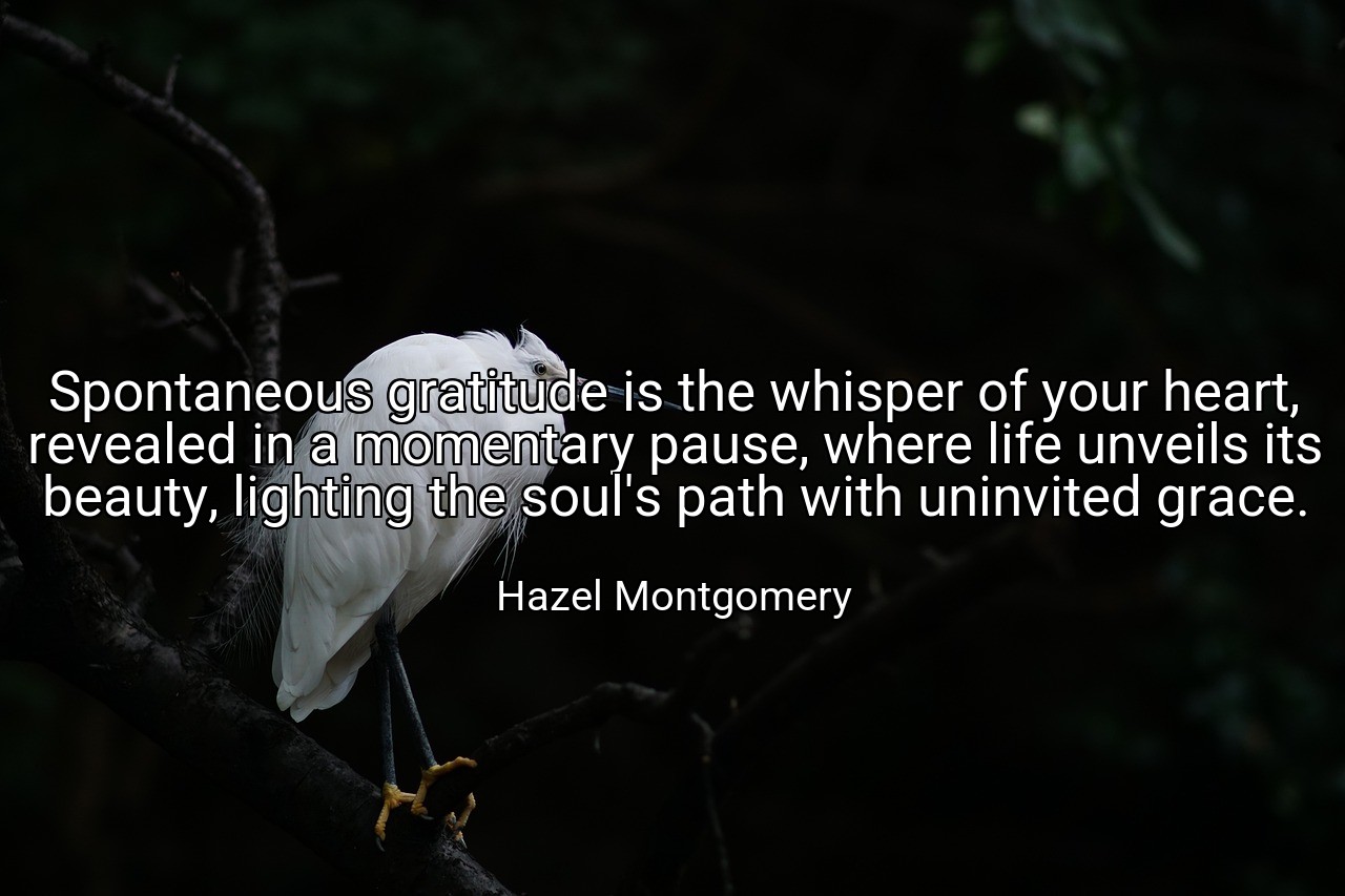 Spontaneous gratitude is the whisper of your heart, revealed in a momentary pause, where life unveils its beauty, lighting the soul's path with uninvited grace. - Hazel Montgomery