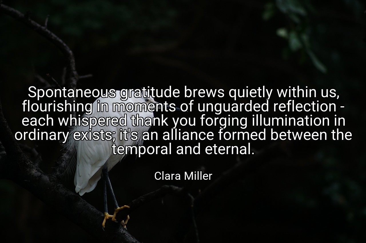 Spontaneous gratitude brews quietly within us, flourishing in moments of unguarded reflection - each whispered thank you forging illumination in ordinary exists; it's an alliance formed between the temporal and eternal. - Clara Miller