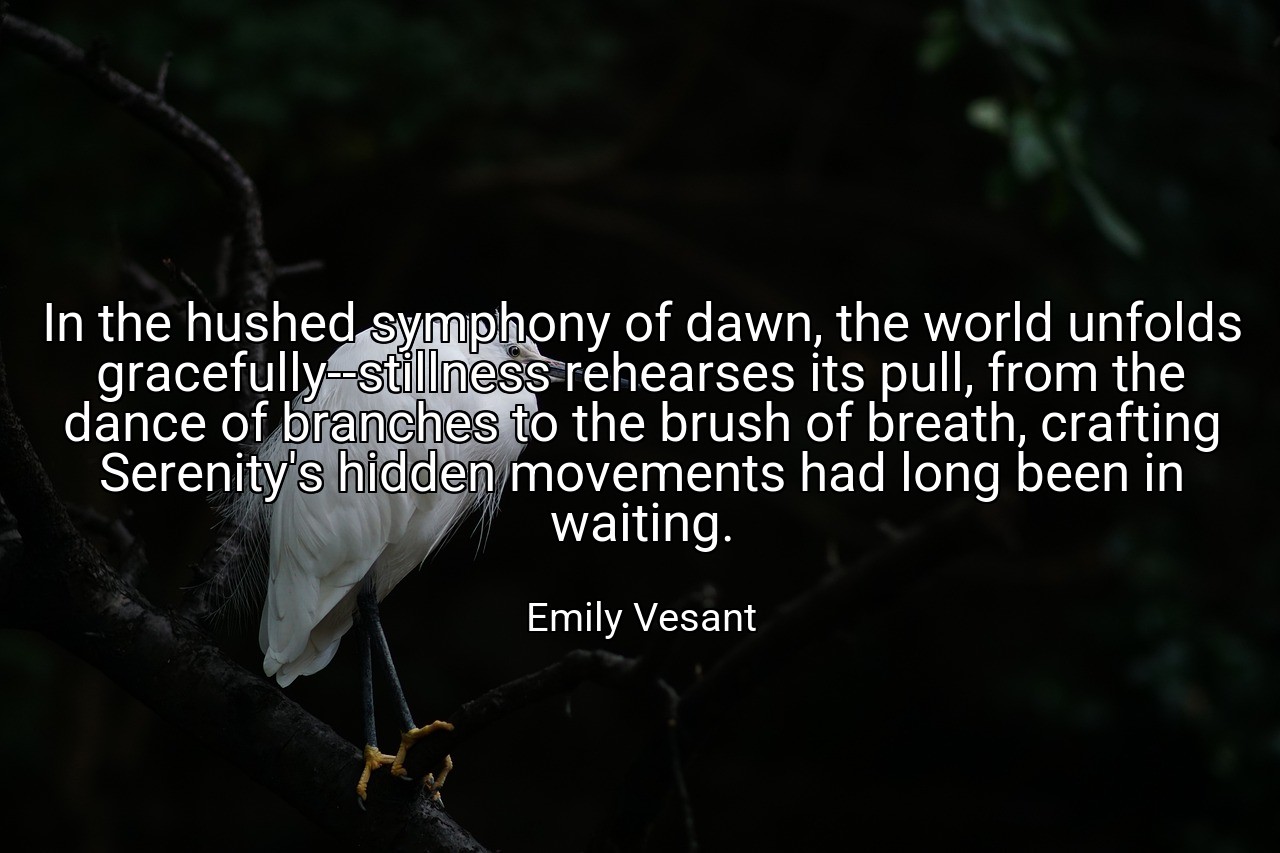 In the hushed symphony of dawn, the world unfolds gracefully--stillness rehearses its pull, from the dance of branches to the brush of breath, crafting Serenity's hidden movements had long been in waiting. - Emily Vesant