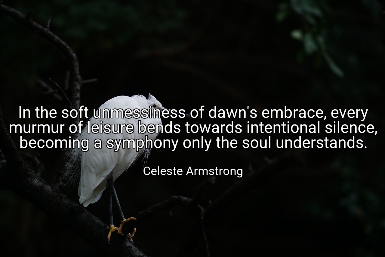 In the soft unmessiness of dawn's embrace, every murmur of leisure bends towards intentional silence, becoming a symphony only the soul understands. - Celeste Armstrong