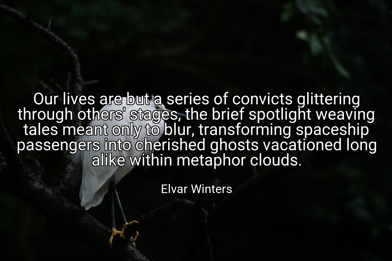 Our lives are but a series of convicts glittering through others' stages, the brief spotlight weaving tales meant only to blur, transforming spaceship passengers into cherished ghosts vacationed long alike within metaphor clouds. - Elvar Winters