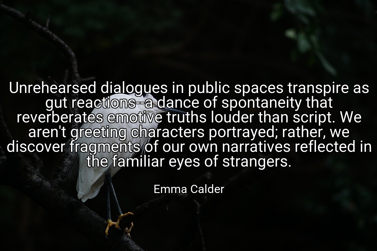 Unrehearsed dialogues in public spaces transpire as gut reactions--a dance of spontaneity that reverberates emotive truths louder than script. We aren't greeting characters portrayed; rather, we discover fragments of our own narratives reflected in the familiar eyes of strangers. - Emma Calder
