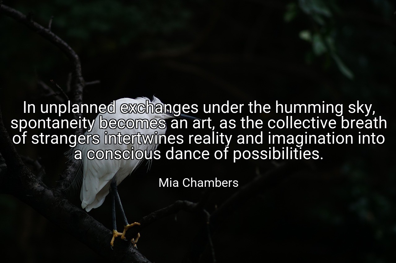 In unplanned exchanges under the humming sky, spontaneity becomes an art, as the collective breath of strangers intertwines reality and imagination into a conscious dance of possibilities. - Mia Chambers