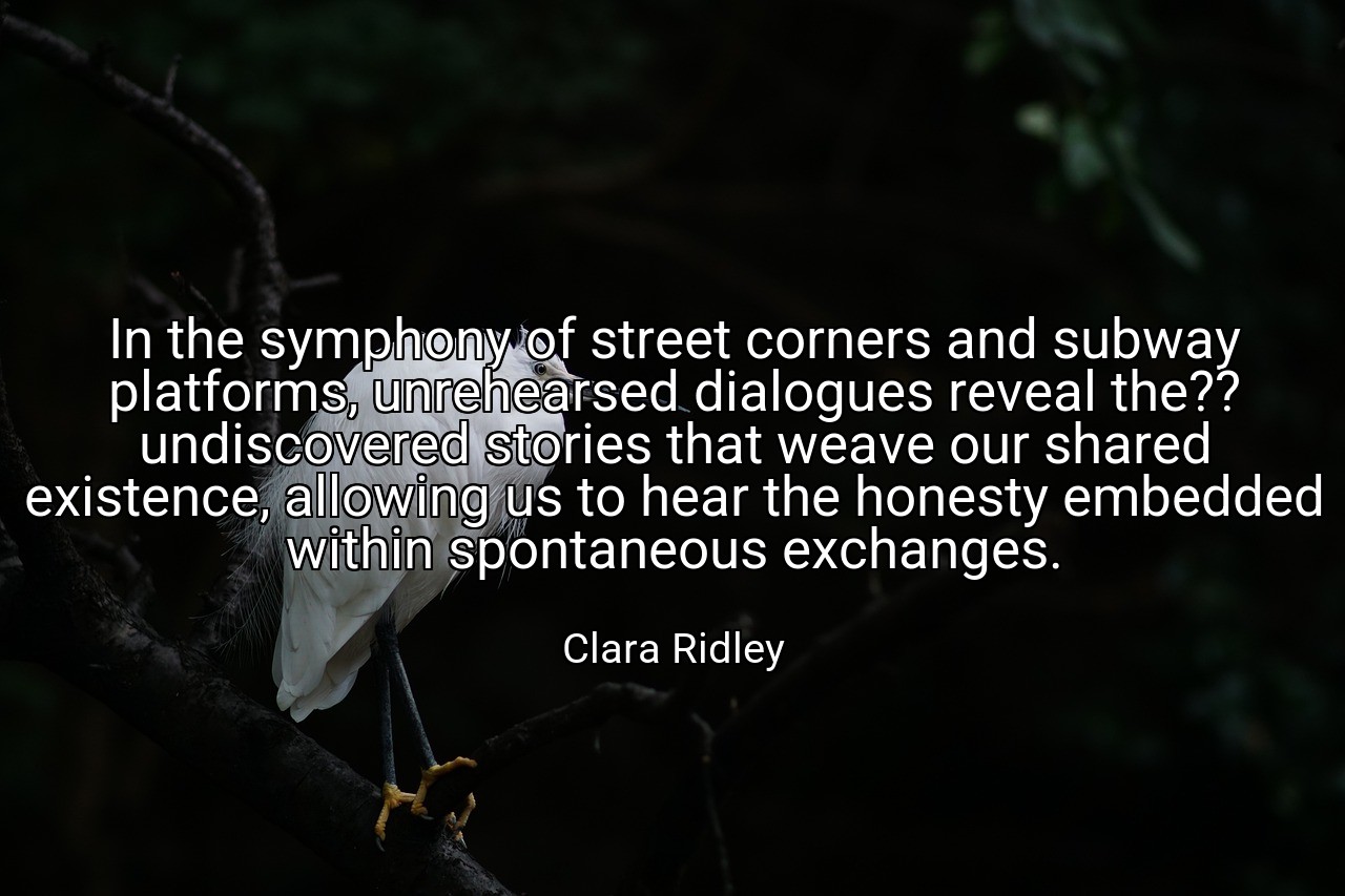 In the symphony of street corners and subway platforms, unrehearsed dialogues reveal the?? undiscovered stories that weave our shared existence, allowing us to hear the honesty embedded within spontaneous exchanges. - Clara Ridley