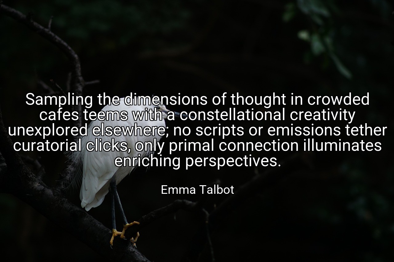 Sampling the dimensions of thought in crowded cafes teems with a constellational creativity unexplored elsewhere; no scripts or emissions tether curatorial clicks, only primal connection illuminates enriching perspectives. - Emma Talbot