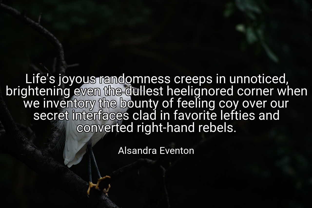 Life's joyous randomness creeps in unnoticed, brightening even the dullest heelignored corner when we inventory the bounty of feeling coy over our secret interfaces clad in favorite lefties and converted right-hand rebels. - Alsandra Eventon