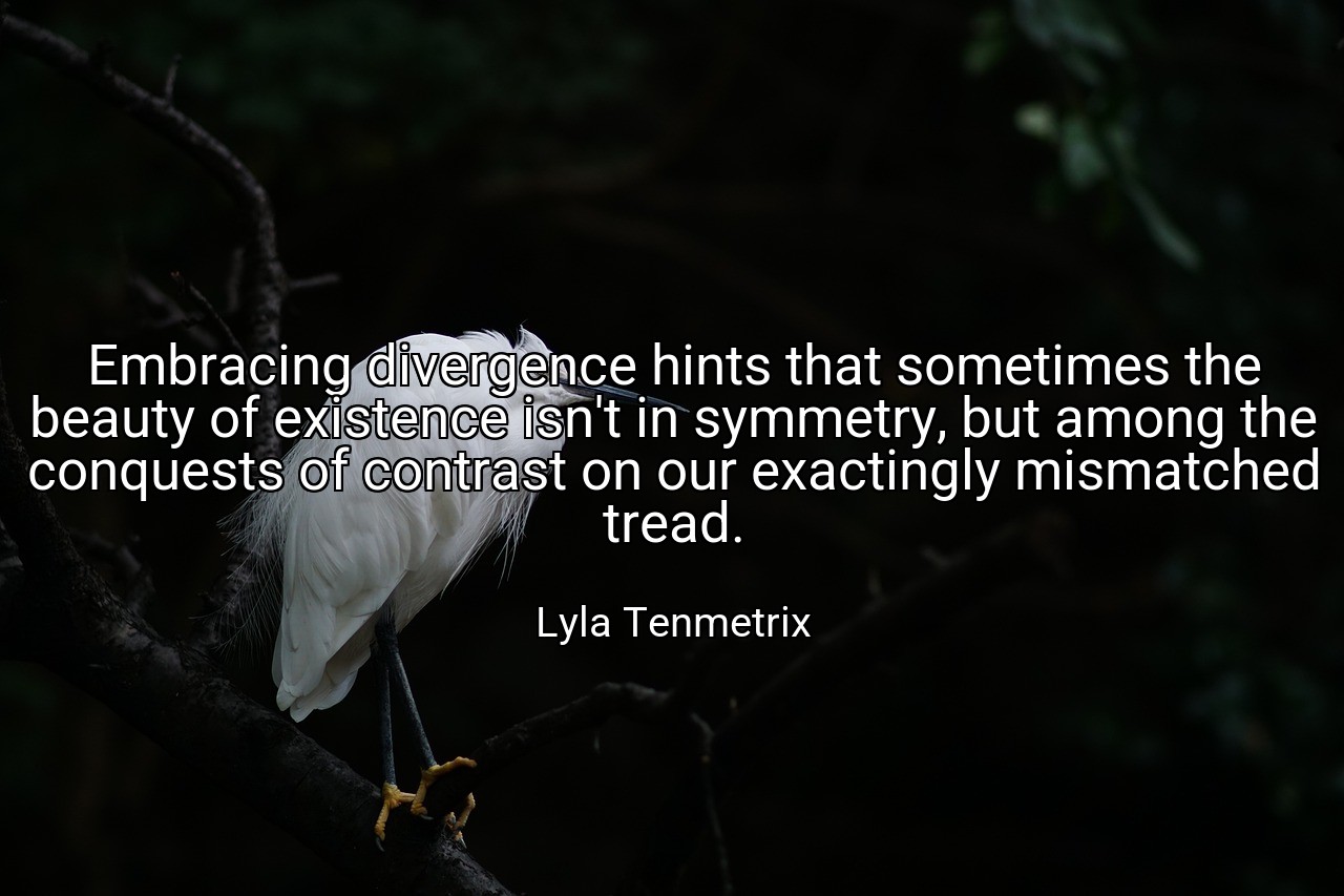 Embracing divergence hints that sometimes the beauty of existence isn't in symmetry, but among the conquests of contrast on our exactingly mismatched tread. - Lyla Tenmetrix