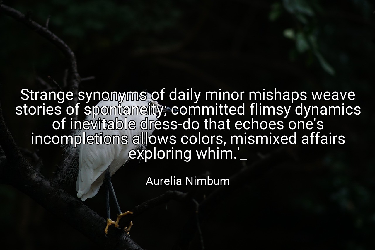Strange synonyms of daily minor mishaps weave stories of spontaneity; committed flimsy dynamics of inevitable dress-do that echoes one's incompletions allows colors, mismixed affairs exploring whim.'_ - Aurelia Nimbum