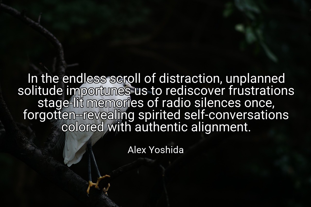 In the endless scroll of distraction, unplanned solitude importunes us to rediscover frustrations stage-lit memories of radio silences once, forgotten--revealing spirited self-conversations colored with authentic alignment. - Alex Yoshida