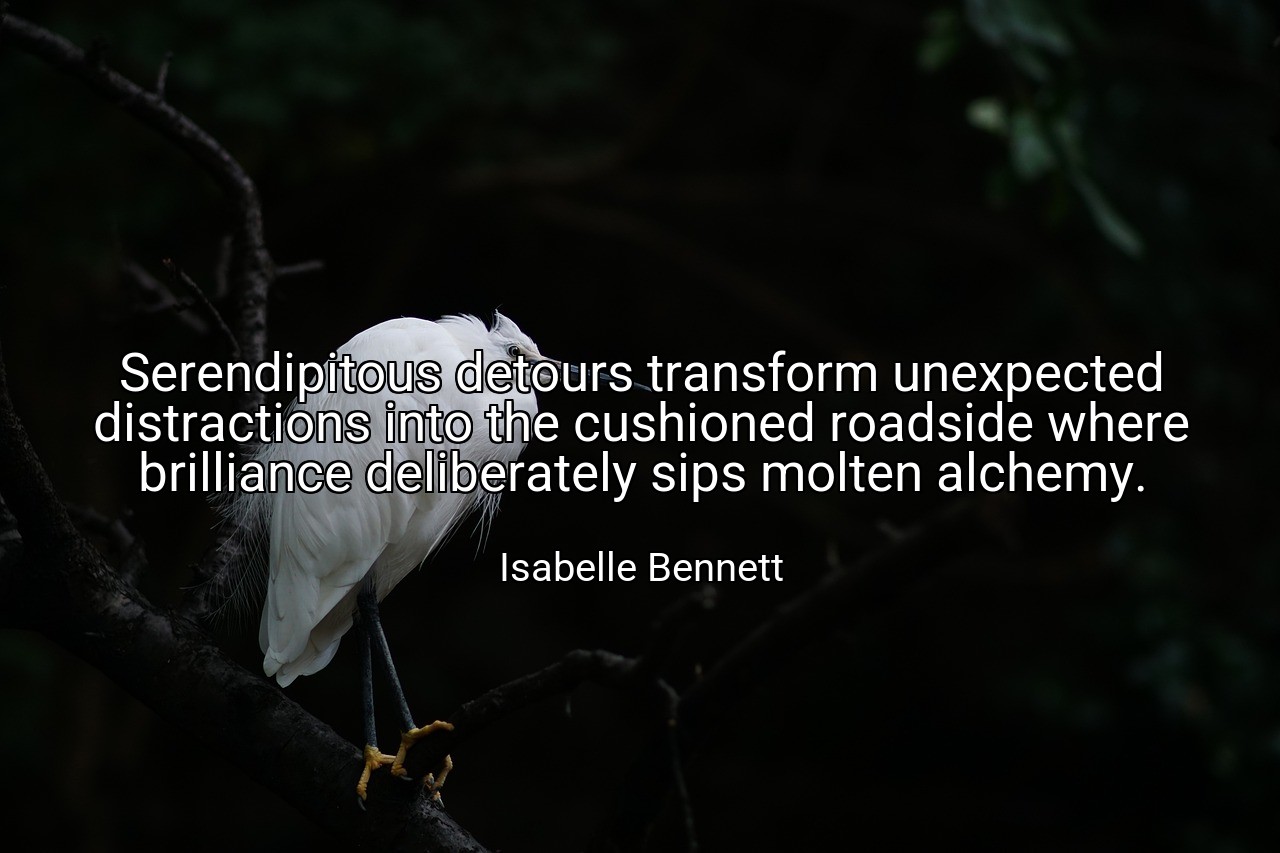 Serendipitous detours transform unexpected distractions into the cushioned roadside where brilliance deliberately sips molten alchemy. - Isabelle Bennett
