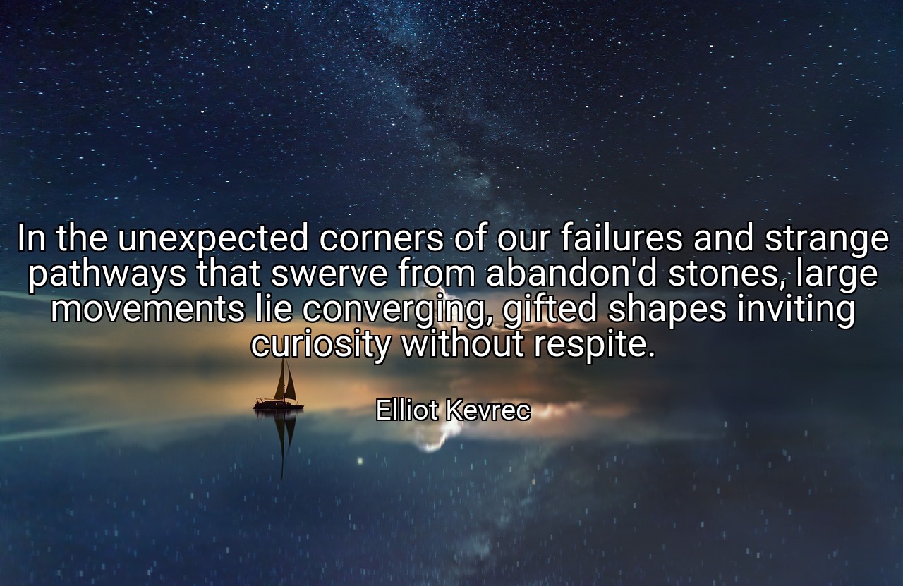 In the unexpected corners of our failures and strange pathways that swerve from abandon'd stones, large movements lie converging, gifted shapes inviting curiosity without respite. - Elliot Kevrec