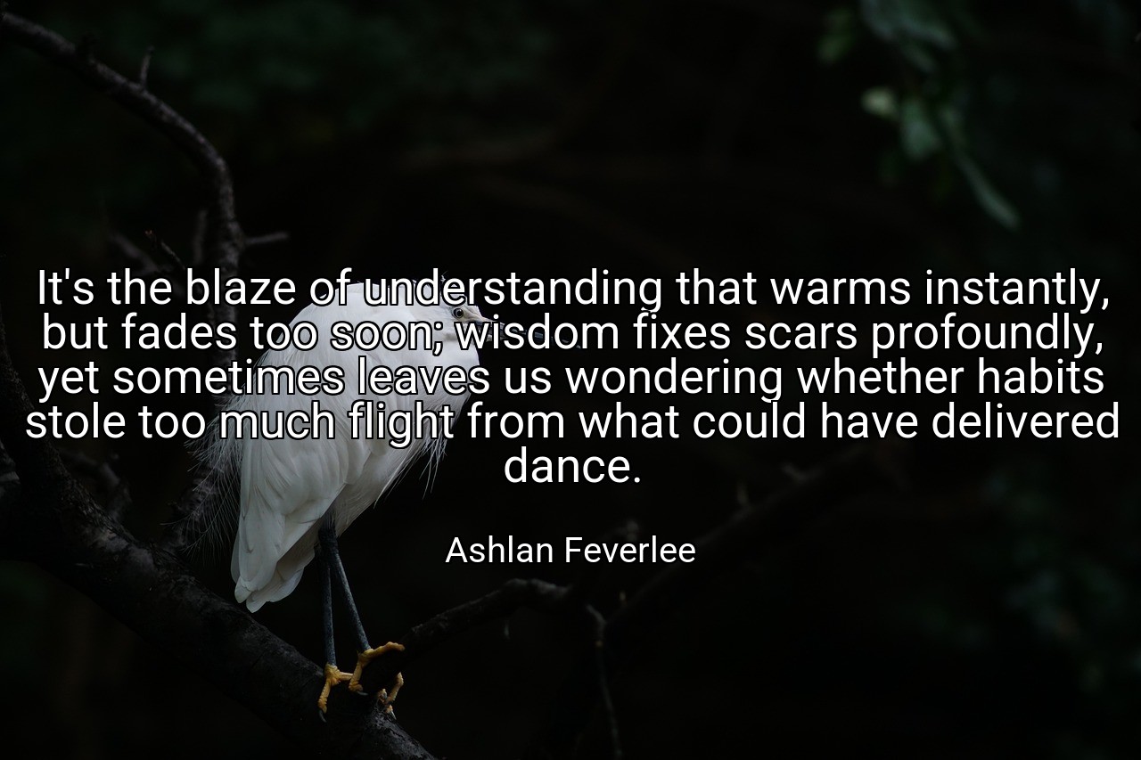 It's the blaze of understanding that warms instantly, but fades too soon; wisdom fixes scars profoundly, yet sometimes leaves us wondering whether habits stole too much flight from what could have delivered dance. - Ashlan Feverlee