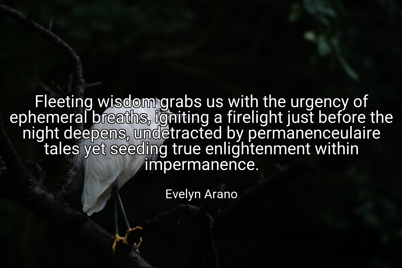 Fleeting wisdom grabs us with the urgency of ephemeral breaths, igniting a firelight just before the night deepens, undetracted by permanenceulaire tales yet seeding true enlightenment within impermanence. - Evelyn Arano