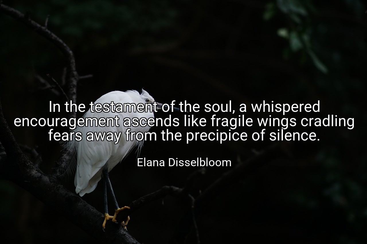 In the testament of the soul, a whispered encouragement ascends like fragile wings cradling fears away from the precipice of silence. - Elana Disselbloom