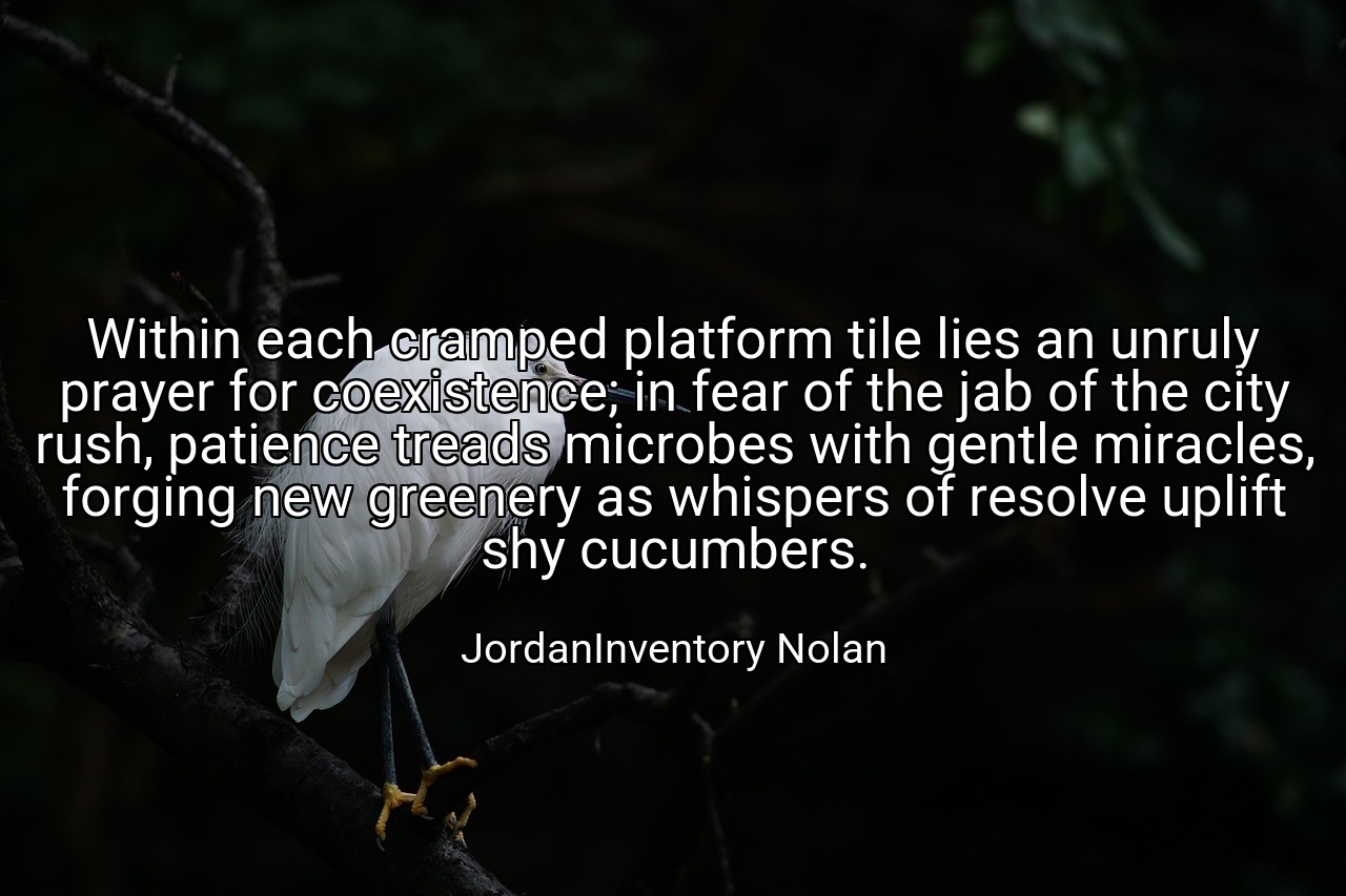 Within each cramped platform tile lies an unruly prayer for coexistence; in fear of the jab of the city rush, patience treads microbes with gentle miracles, forging new greenery as whispers of resolve uplift shy cucumbers. - JordanInventory Nolan
