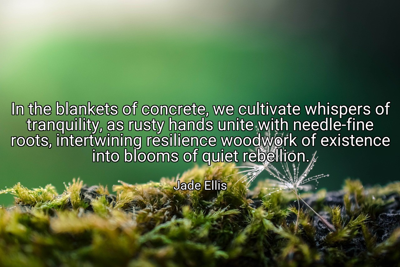 In the blankets of concrete, we cultivate whispers of tranquility, as rusty hands unite with needle-fine roots, intertwining resilience woodwork of existence into blooms of quiet rebellion. - Jade Ellis