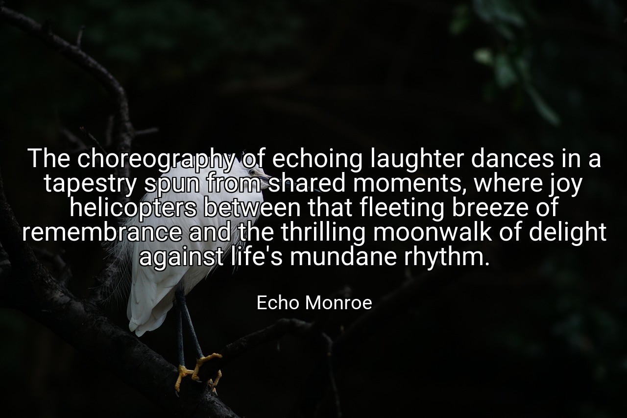 The choreography of echoing laughter dances in a tapestry spun from shared moments, where joy helicopters between that fleeting breeze of remembrance and the thrilling moonwalk of delight against life's mundane rhythm. - Echo Monroe