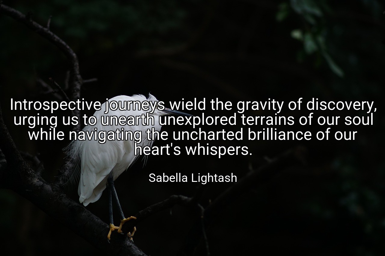 Introspective journeys wield the gravity of discovery, urging us to unearth unexplored terrains of our soul while navigating the uncharted brilliance of our heart's whispers. - Sabella Lightash