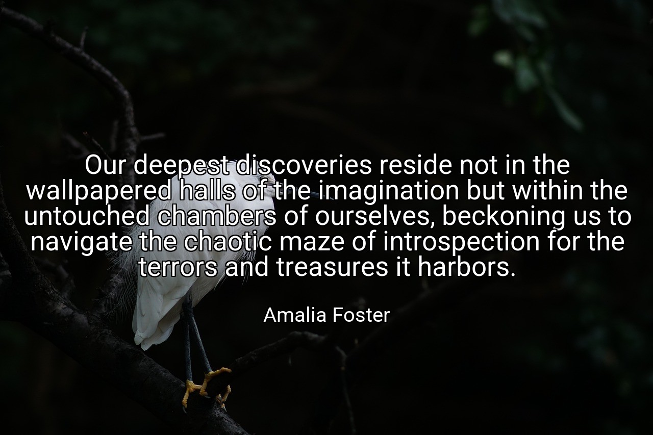 Our deepest discoveries reside not in the wallpapered halls of the imagination but within the untouched chambers of ourselves, beckoning us to navigate the chaotic maze of introspection for the terrors and treasures it harbors. - Amalia Foster