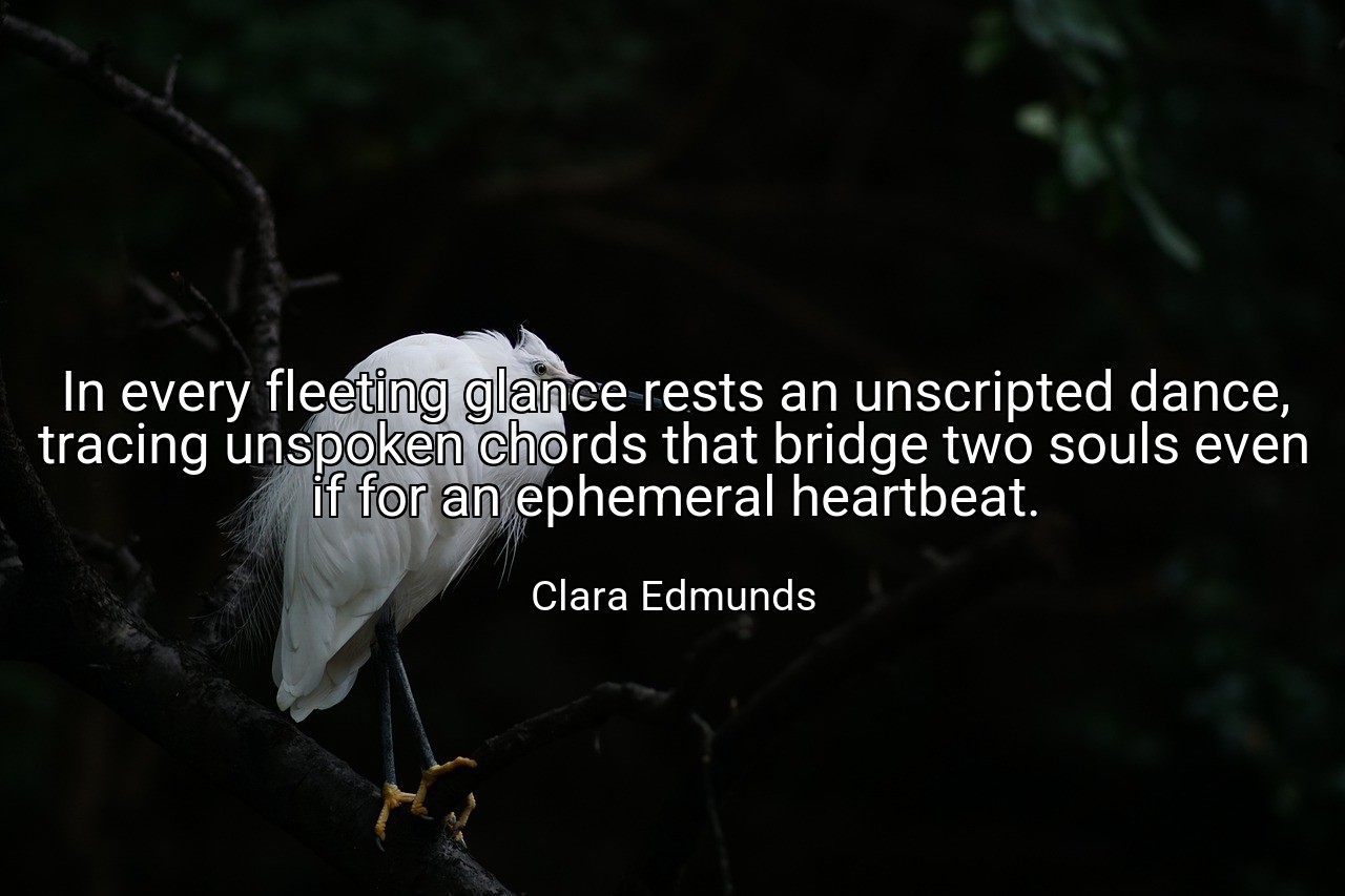 In every fleeting glance rests an unscripted dance, tracing unspoken chords that bridge two souls even if for an ephemeral heartbeat. - Clara Edmunds