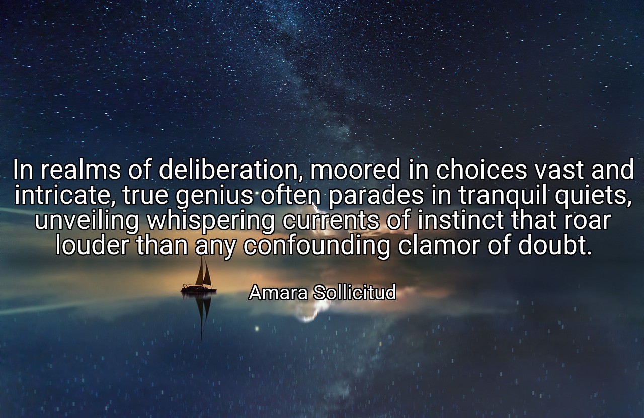 In realms of deliberation, moored in choices vast and intricate, true genius often parades in tranquil quiets, unveiling whispering currents of instinct that roar louder than any confounding clamor of doubt. - Amara Sollicitud