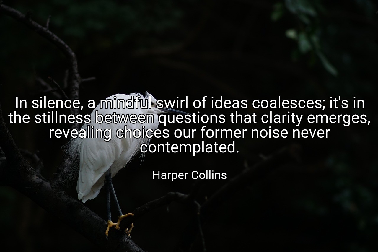 In silence, a mindful swirl of ideas coalesces; it's in the stillness between questions that clarity emerges, revealing choices our former noise never contemplated. - Harper Collins