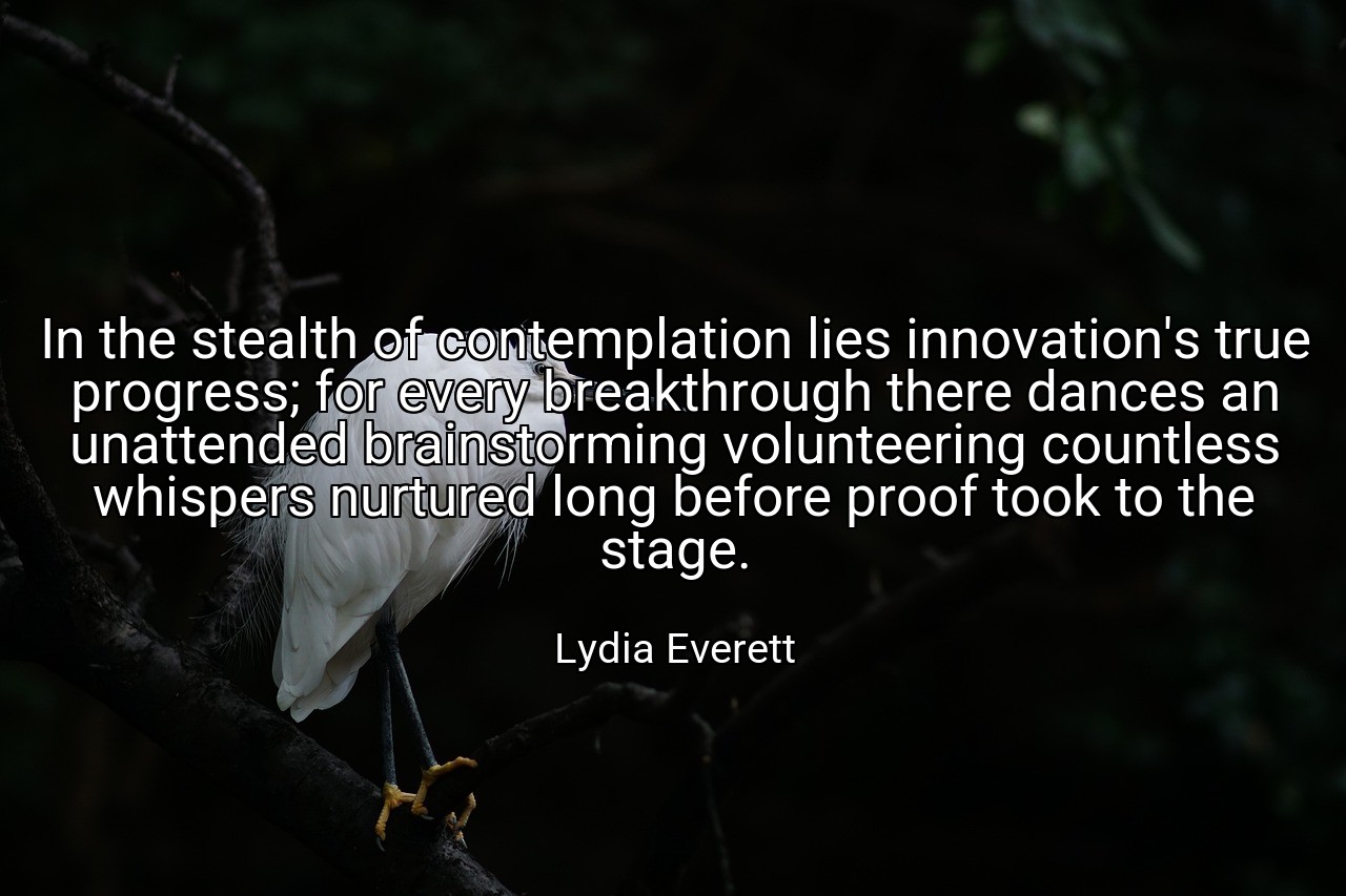In the stealth of contemplation lies innovation's true progress; for every breakthrough there dances an unattended brainstorming volunteering countless whispers nurtured long before proof took to the stage. - Lydia Everett