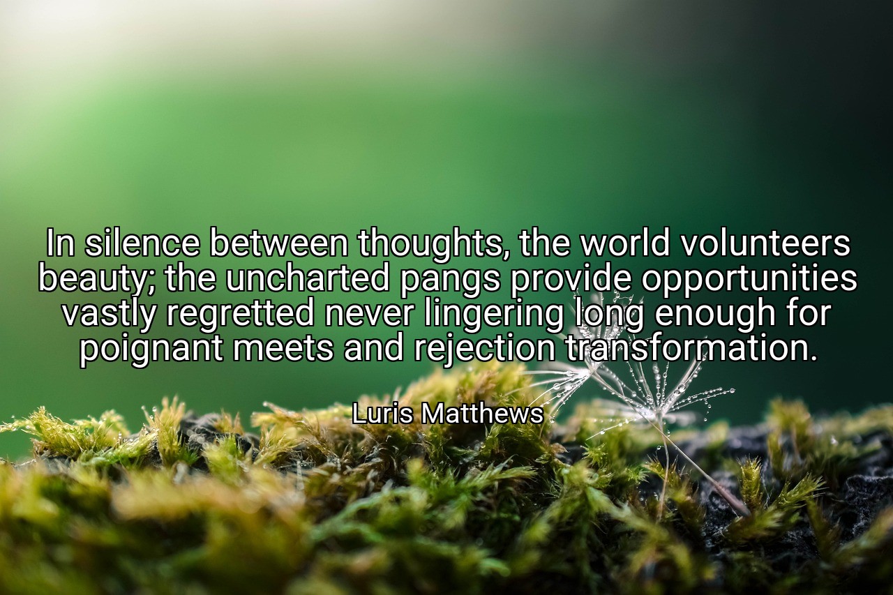 In silence between thoughts, the world volunteers beauty; the uncharted pangs provide opportunities vastly regretted never lingering long enough for poignant meets and rejection transformation. - Luris Matthews