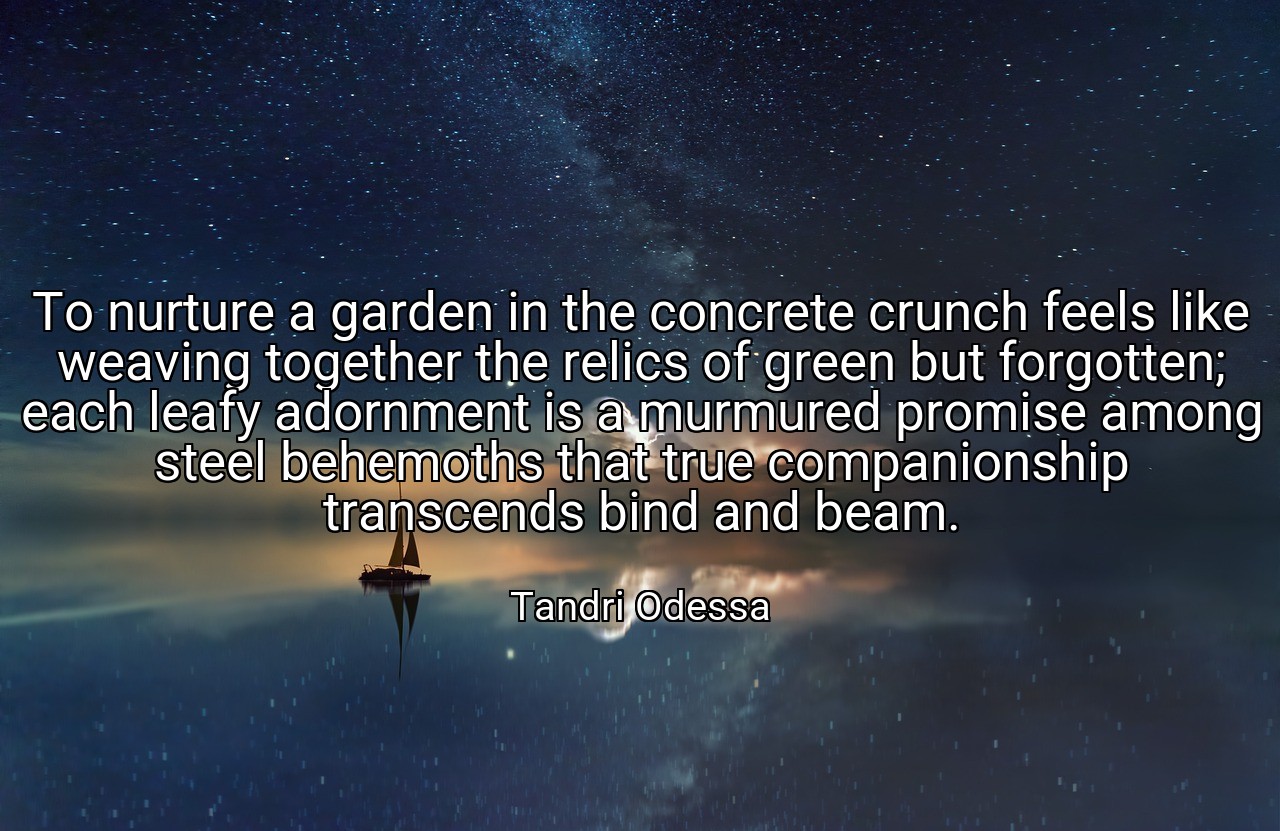 To nurture a garden in the concrete crunch feels like weaving together the relics of green but forgotten; each leafy adornment is a murmured promise among steel behemoths that true companionship transcends bind and beam. - Tandri Odessa