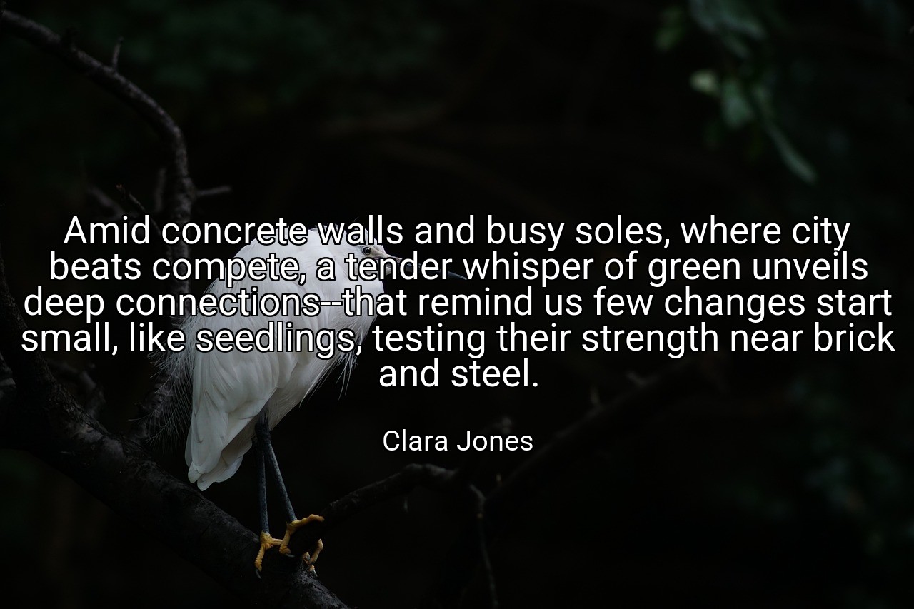 Amid concrete walls and busy soles, where city beats compete, a tender whisper of green unveils deep connections--that remind us few changes start small, like seedlings, testing their strength near brick and steel. - Clara Jones