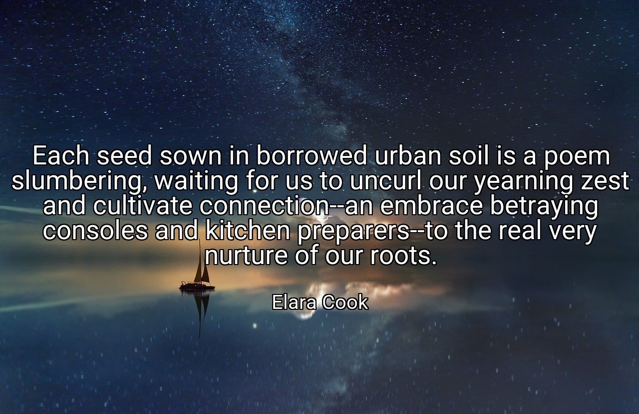 Each seed sown in borrowed urban soil is a poem slumbering, waiting for us to uncurl our yearning zest and cultivate connection--an embrace betraying consoles and kitchen preparers--to the real very nurture of our roots. - Elara Cook