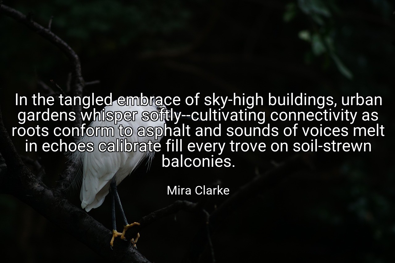 In the tangled embrace of sky-high buildings, urban gardens whisper softly--cultivating connectivity as roots conform to asphalt and sounds of voices melt in echoes calibrate fill every trove on soil-strewn balconies. - Mira Clarke