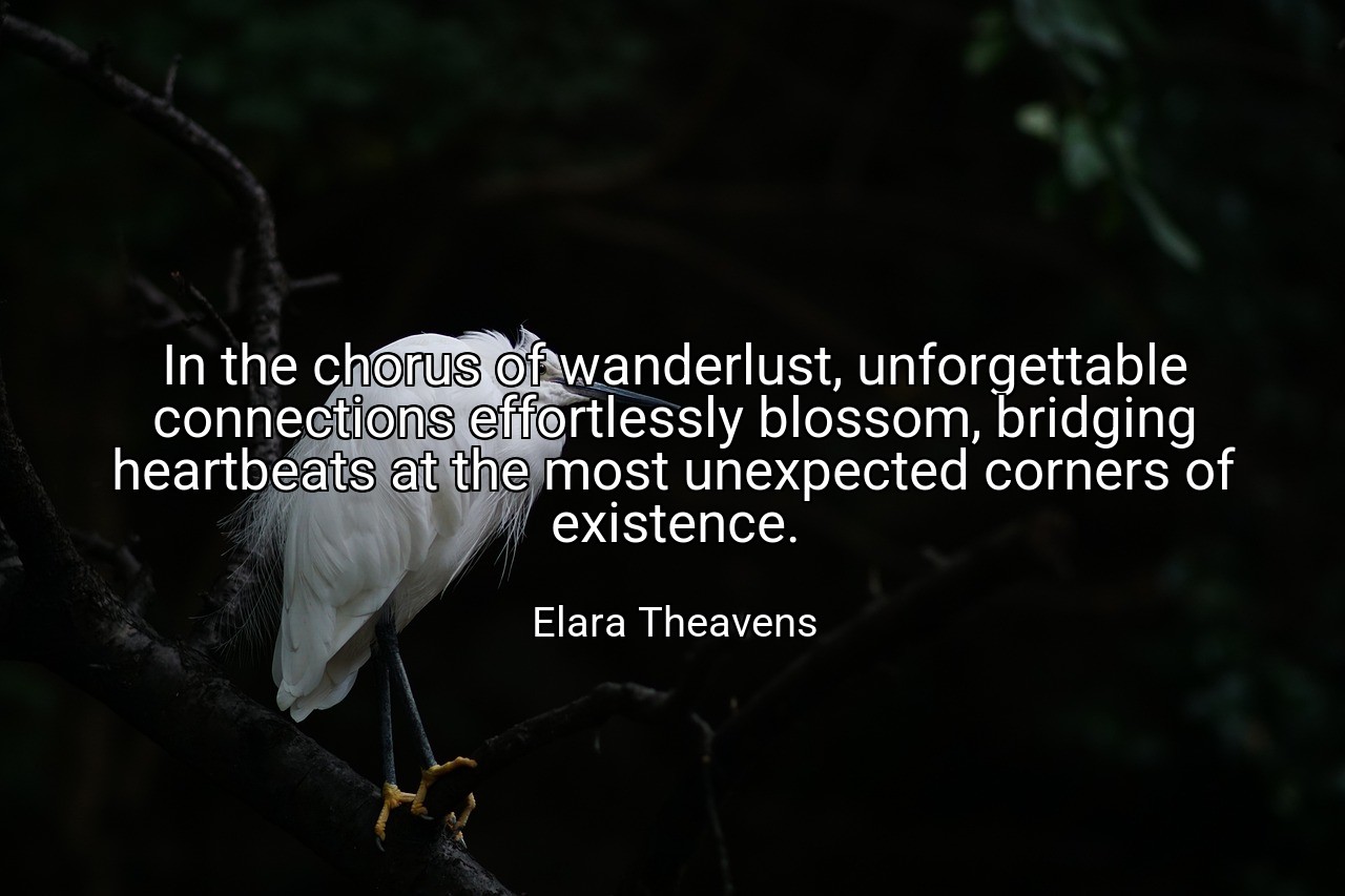 In the chorus of wanderlust, unforgettable connections effortlessly blossom, bridging heartbeats at the most unexpected corners of existence. - Elara Theavens