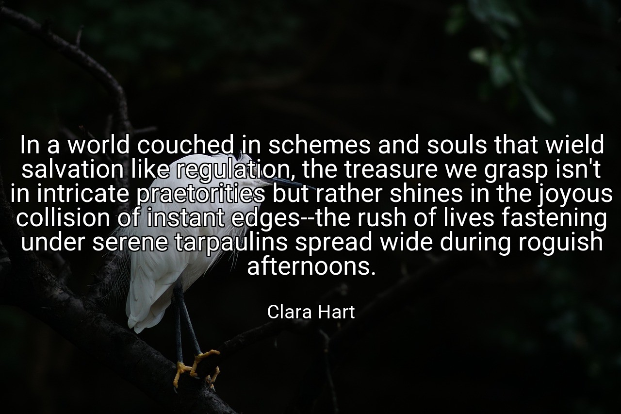 In a world couched in schemes and souls that wield salvation like regulation, the treasure we grasp isn't in intricate praetorities but rather shines in the joyous collision of instant edges--the rush of lives fastening under serene tarpaulins spread wide during roguish afternoons. - Clara Hart
