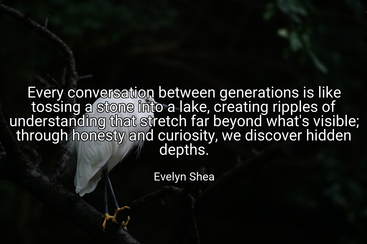 Every conversation between generations is like tossing a stone into a lake, creating ripples of understanding that stretch far beyond what's visible; through honesty and curiosity, we discover hidden depths. - Evelyn Shea