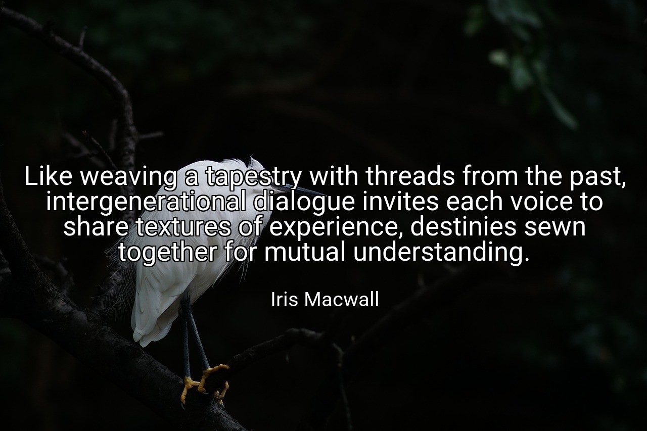 Like weaving a tapestry with threads from the past, intergenerational dialogue invites each voice to share textures of experience, destinies sewn together for mutual understanding. - Iris Macwall