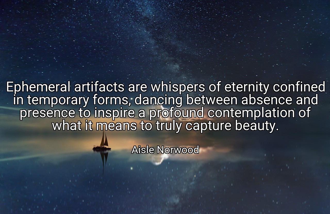 Ephemeral artifacts are whispers of eternity confined in temporary forms, dancing between absence and presence to inspire a profound contemplation of what it means to truly capture beauty. - Aisle Norwood