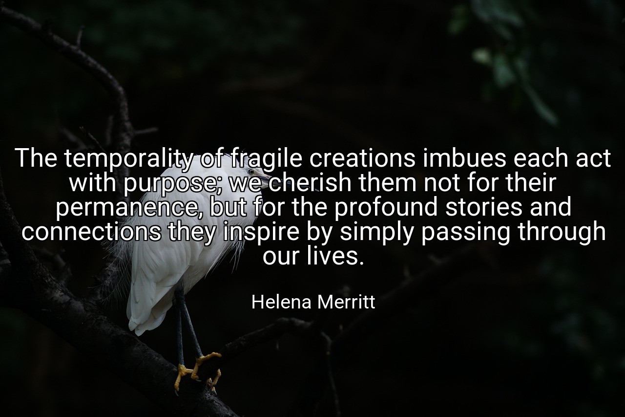 The temporality of fragile creations imbues each act with purpose; we cherish them not for their permanence, but for the profound stories and connections they inspire by simply passing through our lives. - Helena Merritt