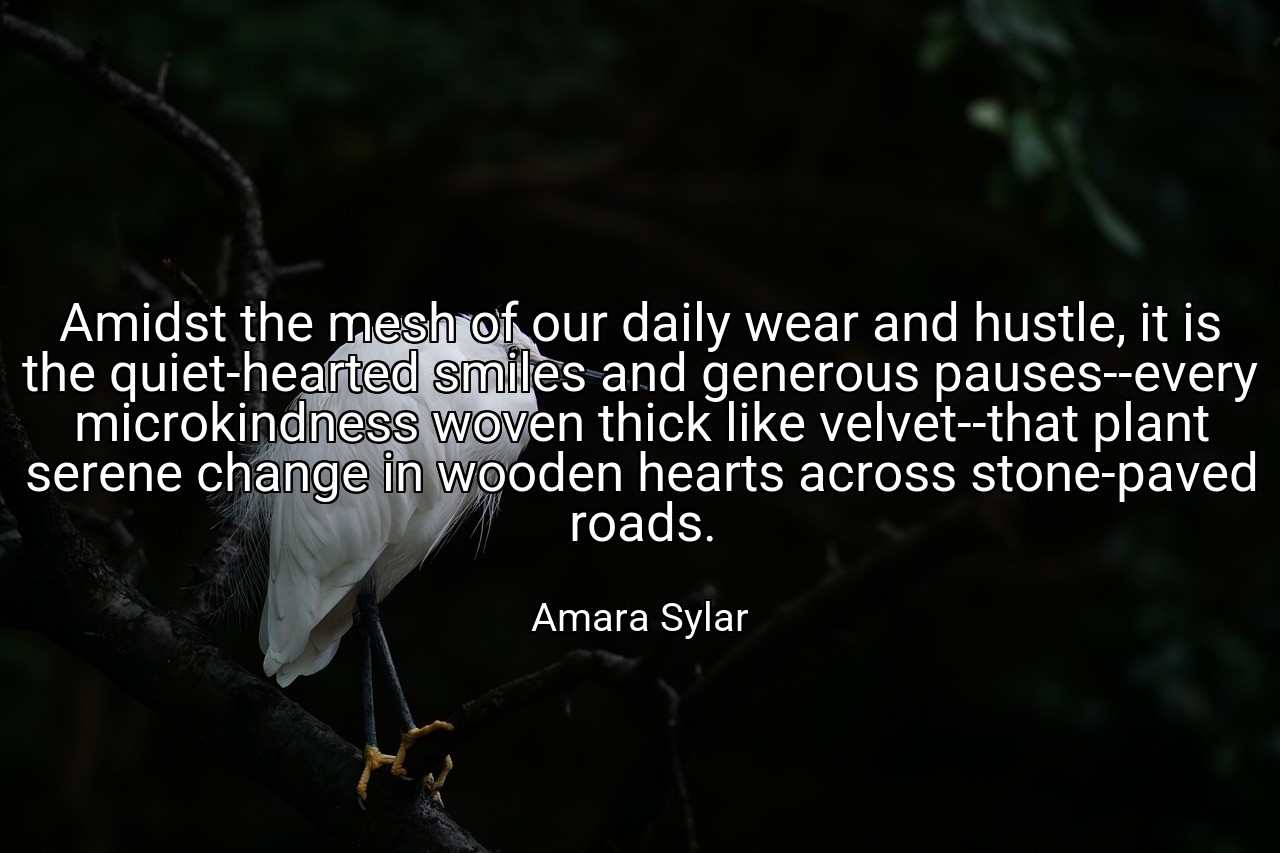 Amidst the mesh of our daily wear and hustle, it is the quiet-hearted smiles and generous pauses--every microkindness woven thick like velvet--that plant serene change in wooden hearts across stone-paved roads. - Amara Sylar