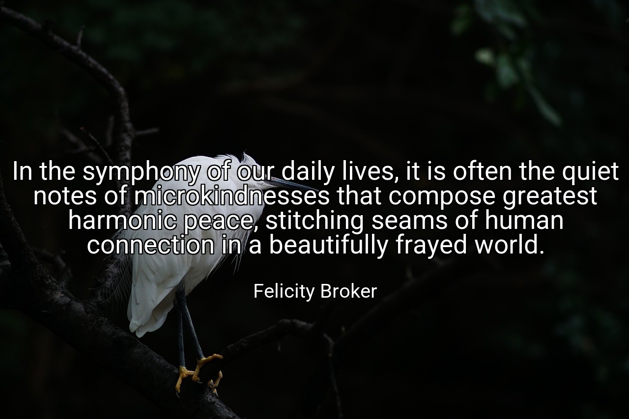 In the symphony of our daily lives, it is often the quiet notes of microkindnesses that compose greatest harmonic peace, stitching seams of human connection in a beautifully frayed world. - Felicity Broker
