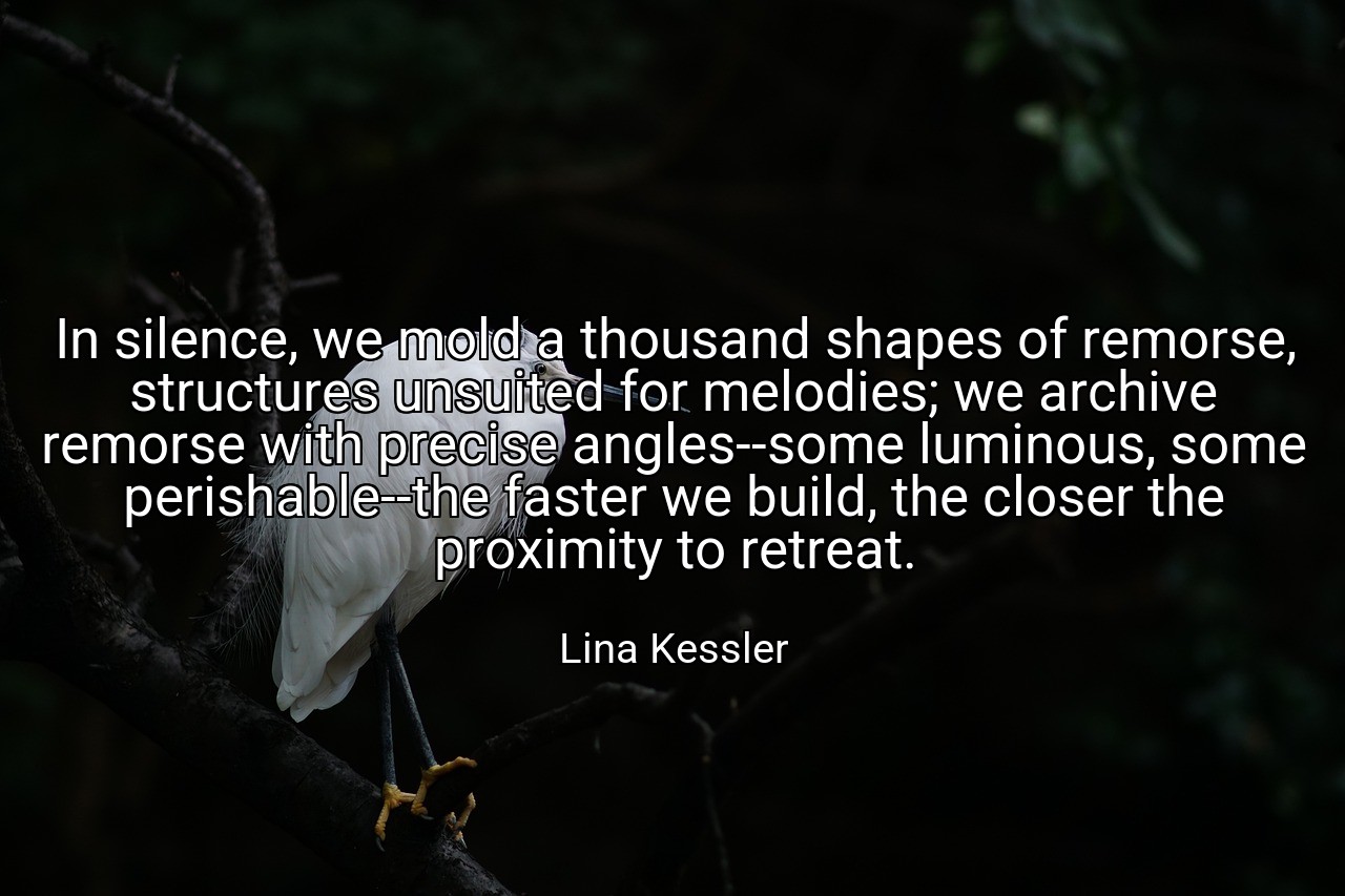In silence, we mold a thousand shapes of remorse, structures unsuited for melodies; we archive remorse with precise angles--some luminous, some perishable--the faster we build, the closer the proximity to retreat. - Lina Kessler