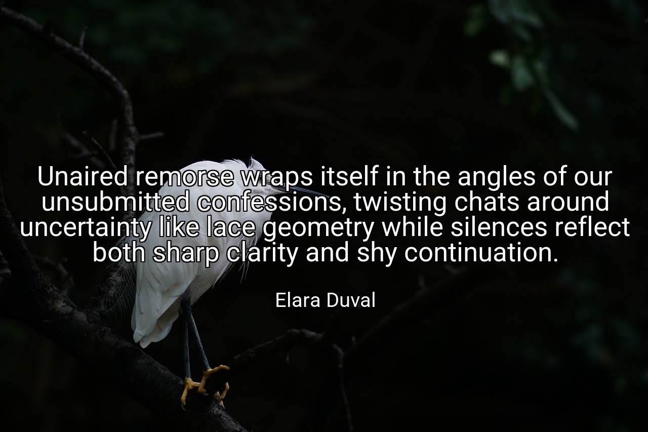 Unaired remorse wraps itself in the angles of our unsubmitted confessions, twisting chats around uncertainty like lace geometry while silences reflect both sharp clarity and shy continuation. - Elara Duval