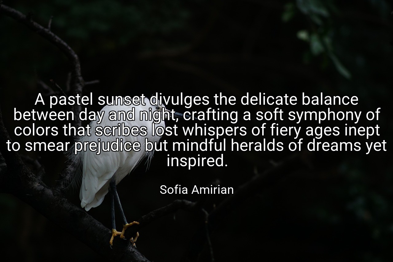 A pastel sunset divulges the delicate balance between day and night, crafting a soft symphony of colors that scribes lost whispers of fiery ages inept to smear prejudice but mindful heralds of dreams yet inspired. - Sofia Amirian